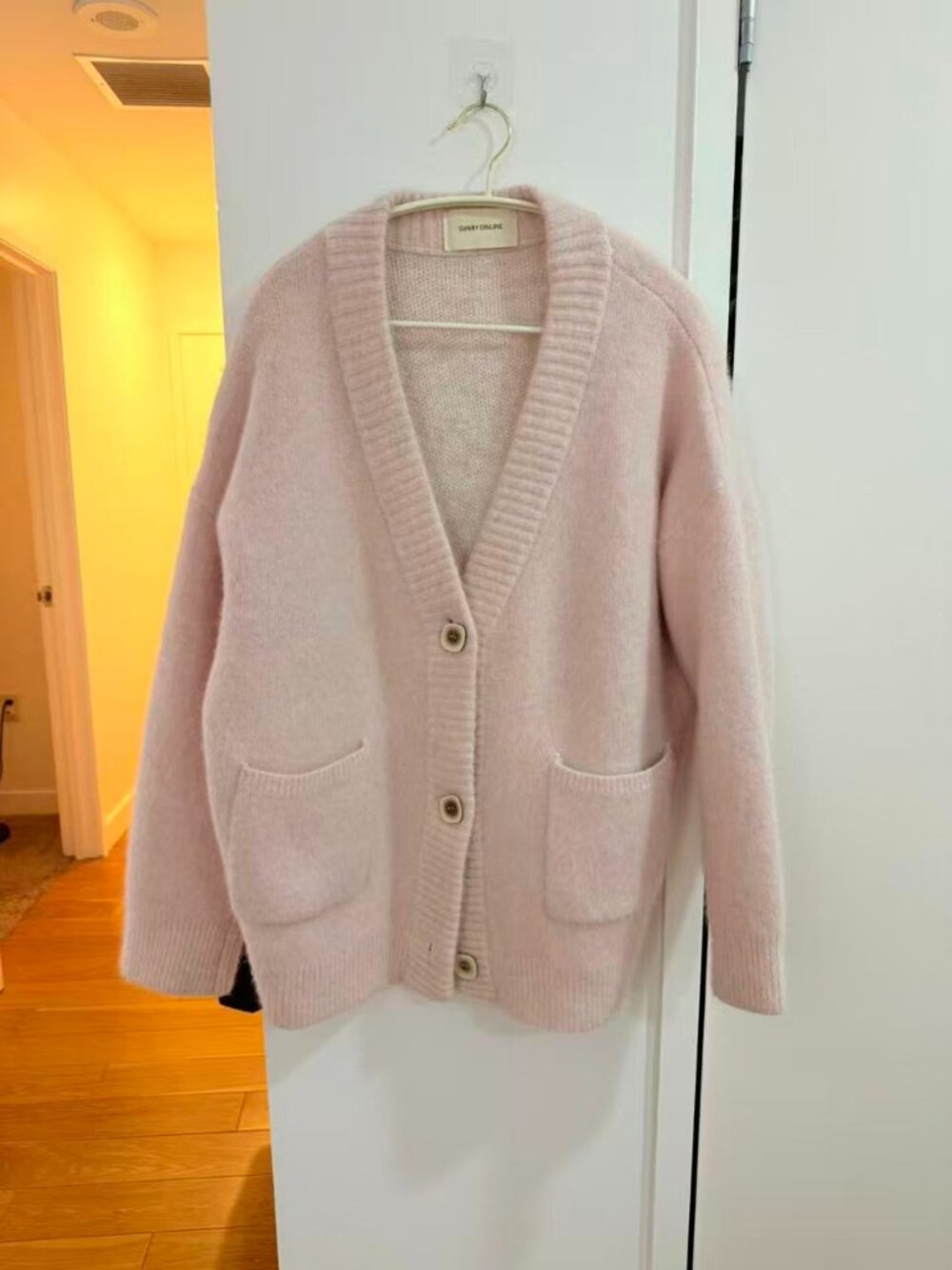 Light Pink Fuzzy Oversized Button-Front V-Neck Cardigan
